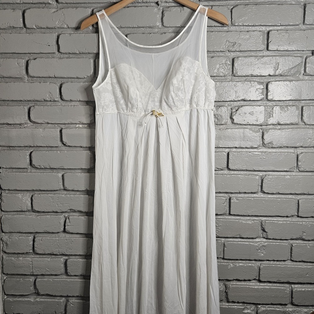 Vintage Vanity Fair Nightgown 34 Small White Flowy Maxi Sheer Tricot 60s Bridal